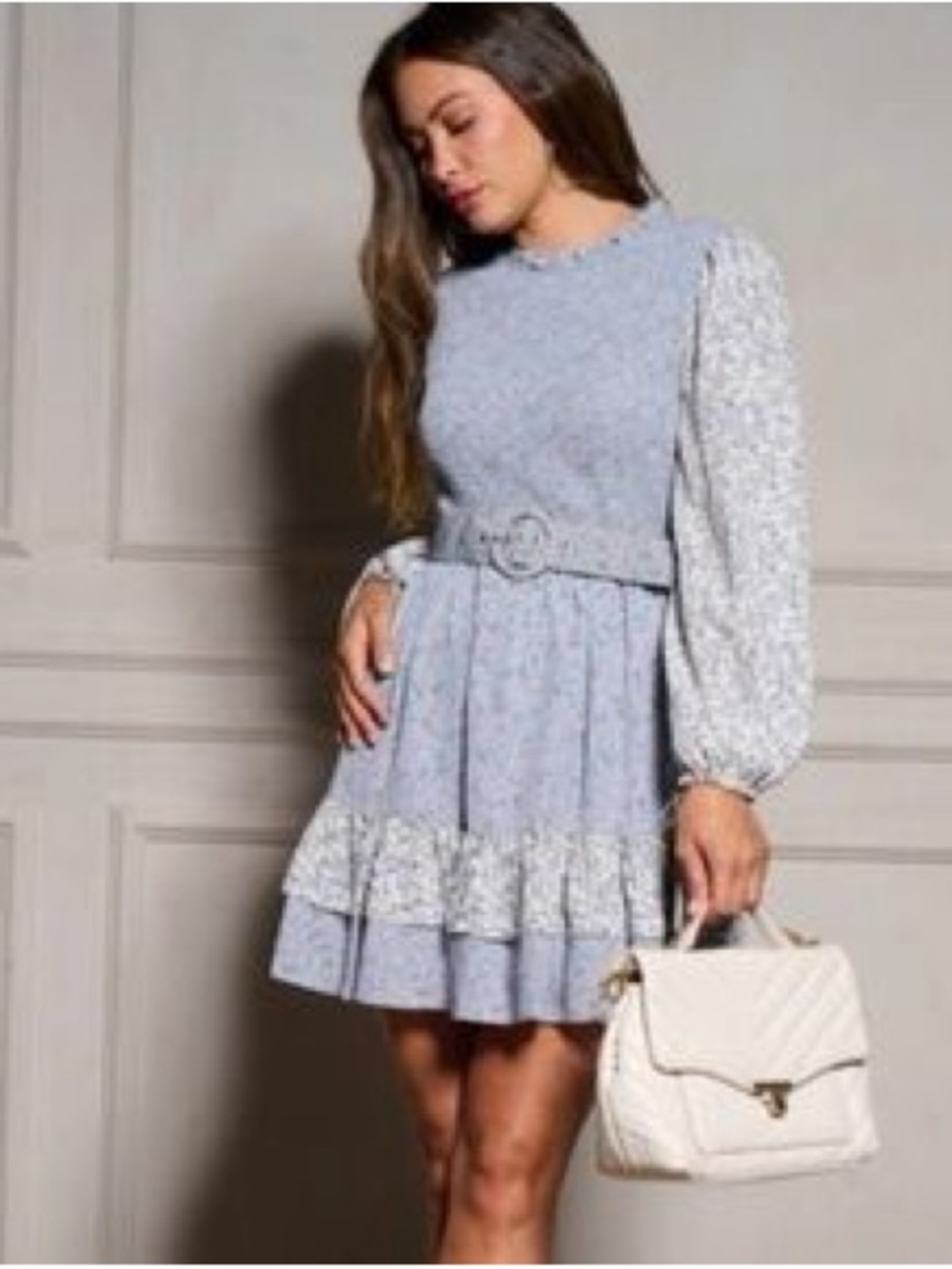 037. the clothing company Blue Floral Ruffle Belted Dress